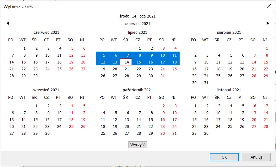 Kalendarz ze zaznaczonym przedziałem czasowym