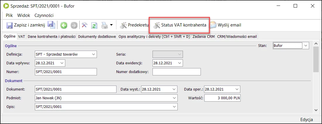 Status VAT kontrahenta na dokumencie ewidencji